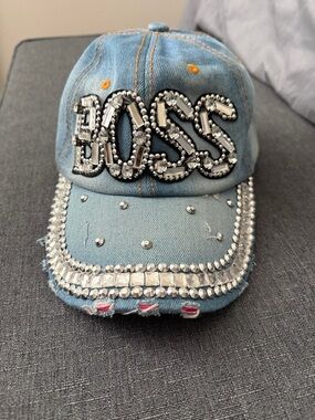 Light Wash Denim Baseball Cap with Brown Strap